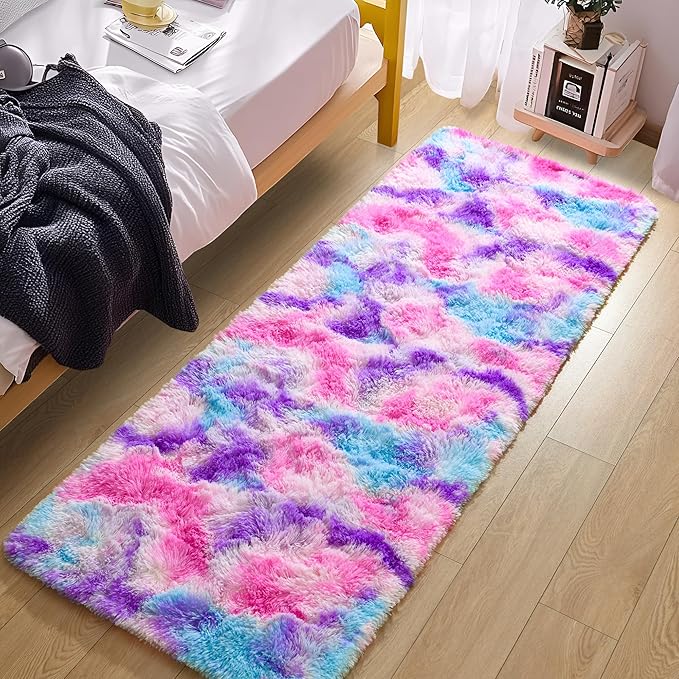 Tepook Soft Rainbow Rug for Girls Room, Cute Fluffy Girls Bedroom Rugs, 2x6 Feet Shaggy Princess Rug Colorful Carpet for Kids Teens Toddler Playroom Nursery Reading Nook, Hot Pink