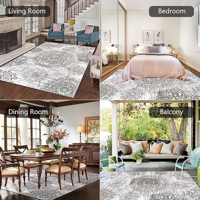 HEBE Washable Area Rug 5'x7' Non Slip Soft Distressed Medallion Bedroom & Living Room Accent Throw Vintage Entry Floor Carpet for Dining Room, Bathroom & Entryway