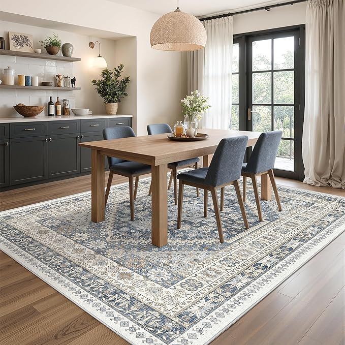 Area Rugs 5x7, Ultra-Thin Washable Rugs for Living Room, Anti-Slip Backing Area Rug for Bedroom, Soft Floral Vintage Home Decor Rug for Dining Room(Blue/Beige,5'x7')