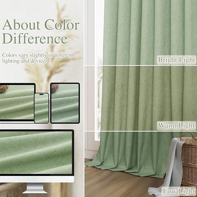 Guken Light Sage 100% Blackout Linen Curtains 96 Inch Length 2 Panels Set for Living Room Bedroom Back Tab/Rod Pocket Thermal Insulated Black Out Drapes Room Darkening Farmhouse Window Curtains
