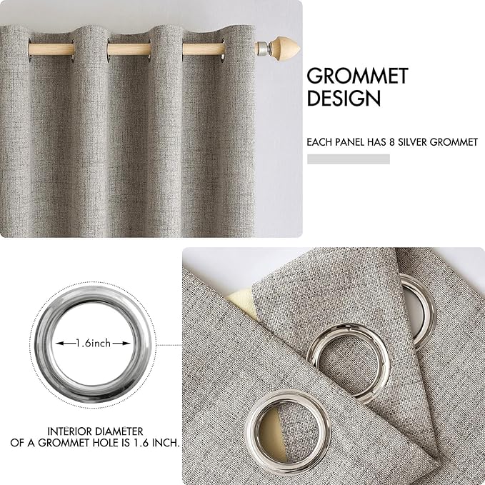 MIULEE Linen Curtains for Bedroom Solid 100% Blackout Thermal Insulated Greige Curtains Grommet Room Darkening Drapes for Living Room Nursery 52x45 Inch (2 Panels)