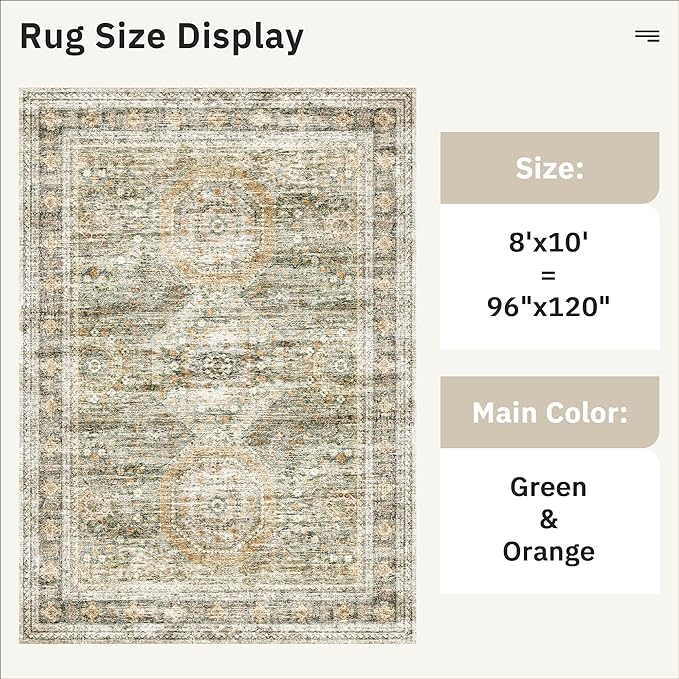 Soalmost Washable Area Rug 8x10, Large Soft Rugs for Living Room Vintage 8x10 Area Rugs for Bedroom Dining Room Non-Slip Stain Resistant Under Table Green Orange Rug