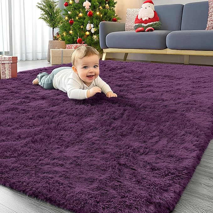 OLANLY Area Rugs for Living Room Bedroom, Machine Washable 4x5.9 ft Soft Fluffy Shaggy Bedside Rug, Indoor Floor Carpet for Kids Girls and Boys, Dorms, Nursery Rooms, Home Decor Aesthetic, Dark Purple