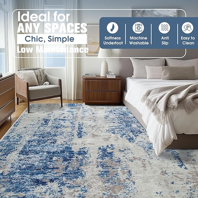 10x14 Area Rugs for Living Room Rug Washable: Abstract Large Rug Indoor Modern Carpet Non Slip for Dining Room Bedroom Nursery Home Office Blue Grey White