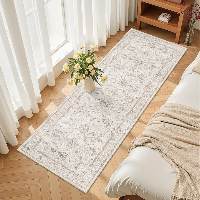 Madane 2x6 Washable Runner Rug Non-Slip, Vintage Kitchen Hallway Rug with Rubber Backing, Soft Low Pile Throw Carpet Runner for Entryway Laundry Bathroom Bedroom Living Room (2 x 6, Brown/Ivory)