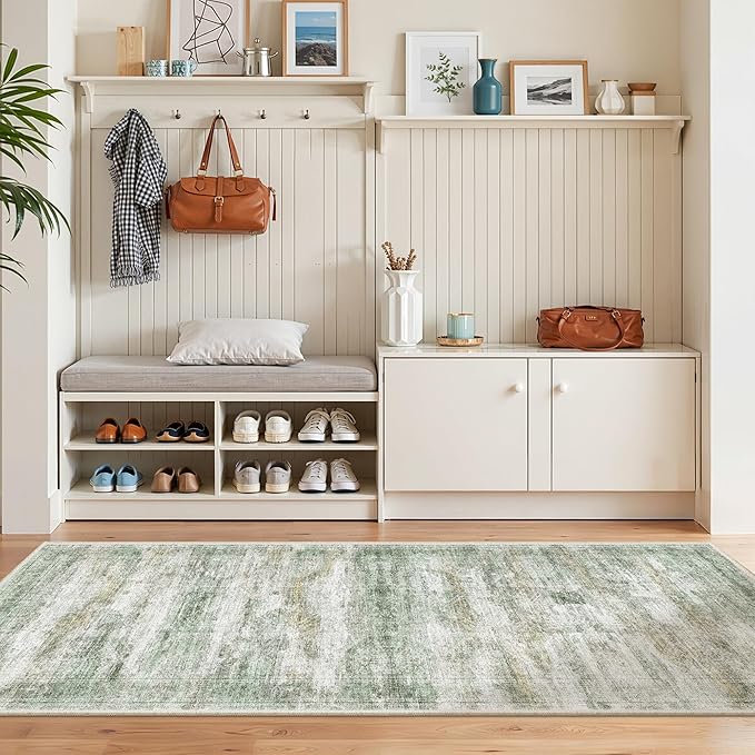 Washable Runner Rugs for Bedroom - 2x6 Runner Rug Non Slip, Ultra-Thin Entryway Runner, Soft Abstract Kitchen Runner for Hallway, Laundry, Indoor Door Mat(2'x6', Green/Yellow/Ivory)