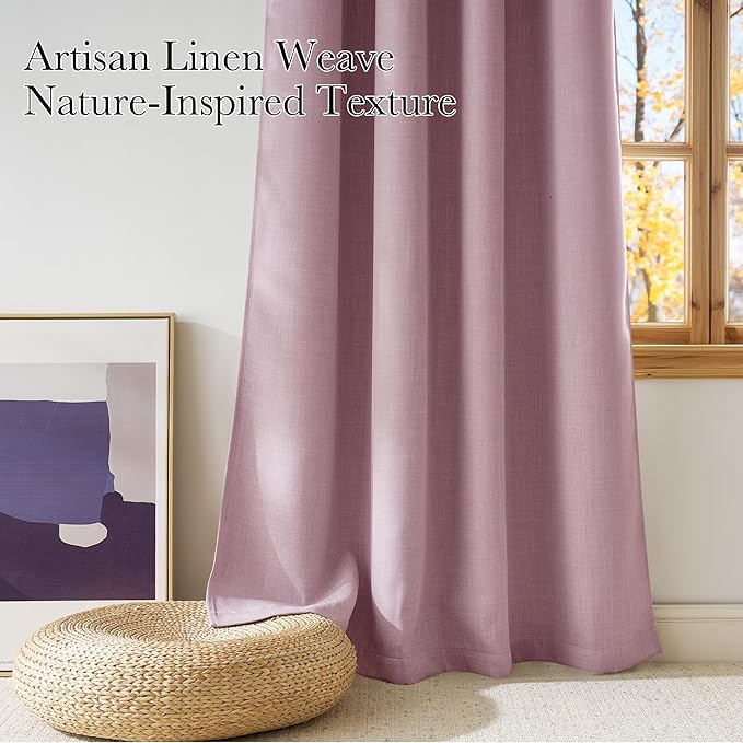 NICETOWN Short Faux Linen Pink Blackout Curtains 63 inches Long for Kitchen - Privacy Panels for Living Room Bedroom, Modern Farmhouse Style Easy Care Grommet Top, 2 Panels, W42 by L63