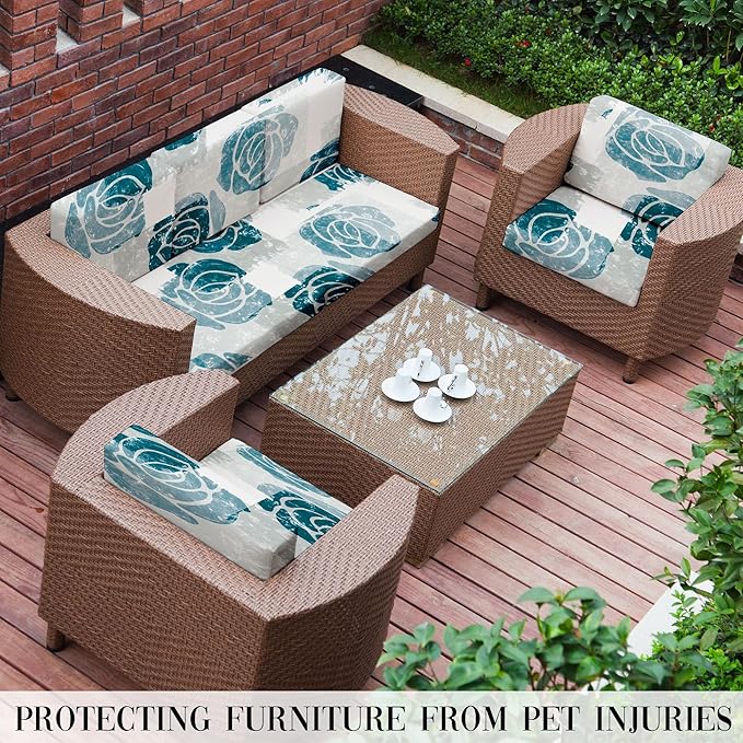 8Pcs Outdoor Cushion Covers, Patio Cushion Covers,Stretch Elastic Slipcovers, Replacement Washable & Reusable Furniture Protector for Patio Couch (Blue Rose-Pattern,Cover Only)