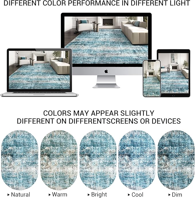 LEPEII 5x7 Area Rugs, Abstract Rugs for Living Room, Indoor Non-Slip Washable Rug for Bedroom, Dining Room, Low Pile Home Decor Neutral Area Rug-Blue