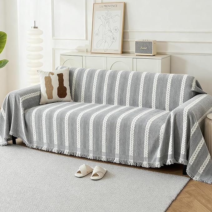 Couch Cover for Dogs, Boho Sofa Covers for 3 Cushion Couch, Chenille Sofa Slipcover for Pets Washable, L-Shape Sectional Loveseat Cover Soft Throw Blankets with Tassels(71x102,Striped Grey)