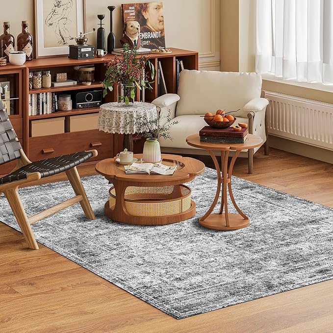 Washable Area Rug 3' x 5 ' Vintage Traditional Persian Mat - Foldable Distressed Non-Slip Machine Washable Carpet for Living Room Bedroom Kitchen Home Decor - Graphite and Mist