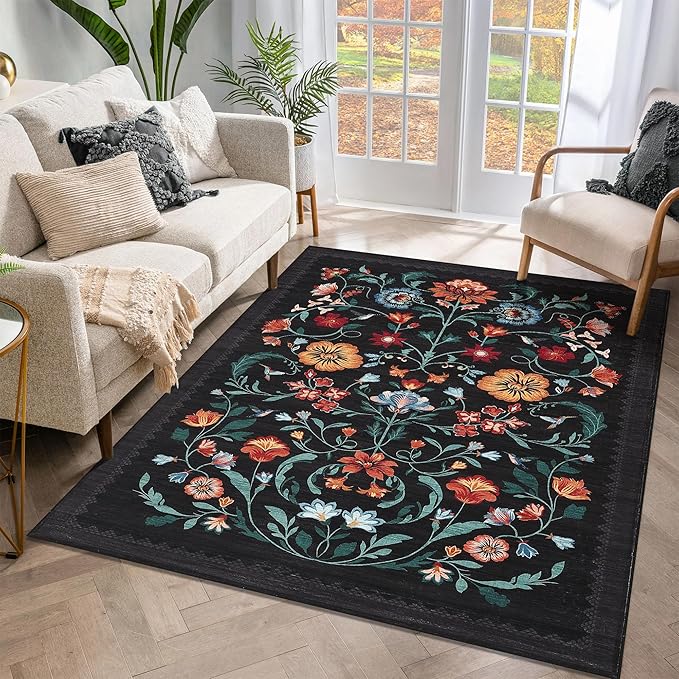 GarveeHome Washable Rug 3x5 Area Rugs for Living Room, Floral Rug for Bedroom, Soft Boho Non Slip Throw Rugs with Rubber Back, Low Pile Stain Resistant Vintage Floral Carpet for Dining Room, Black