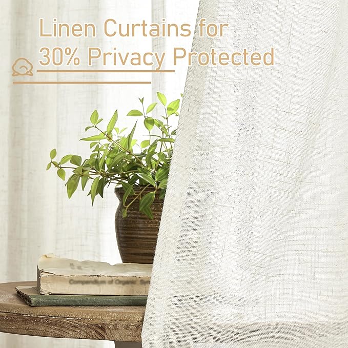 LAMIT Semi Sheer Cream Linen Curtains 36 Inch Length 2 Panels, Light Filtering Panels Back Tab and Rod Pocket Neutral Drapes for Bathroom/Kitchen/Loft Room, 34 x 36 Inch
