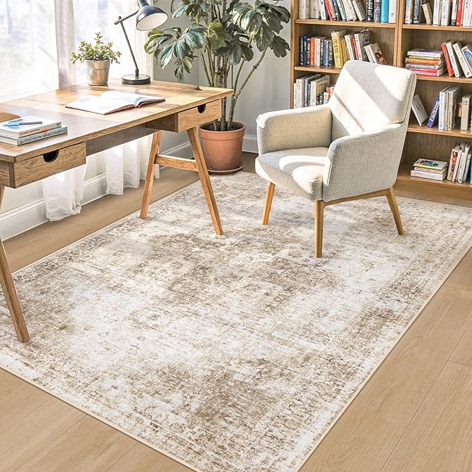 Area Rug 4x6 Washable Rug, Vintage Boho Medallion Rugs Non-Slip Soft Low Pile Distressed Rug Indoor Retro Carpet for Living Room Bedroom Dining Room Home Office (Brown, 4'x6')