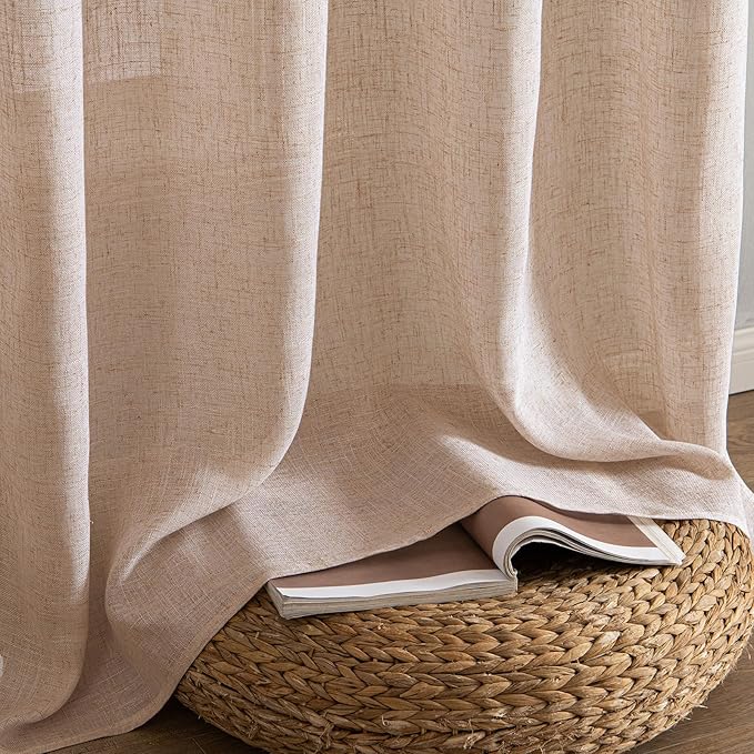 MIULEE Natural Beige Linen Curtains 90 Inch Long 2 Panels for Bedroom Living Room, Soft Linen Textured Window Drapes Semi Sheer Light Filtering Back Tab Rod Pocket Farmhouse Burlap Look Decor