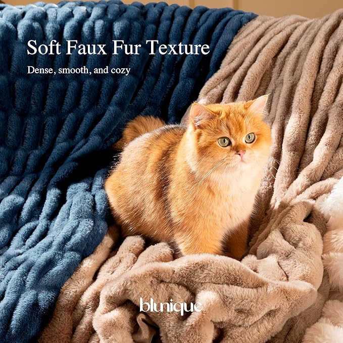 Ultra Soft Cozy Faux Fur Throw Blanket, Fuzzy Plush Thick Bubble Blanket, Oversize Luxury Fluffy Blanket for Couch, Sofa, Bedroom, and Living Room,50x60 Inches,Double Sided Light Brown