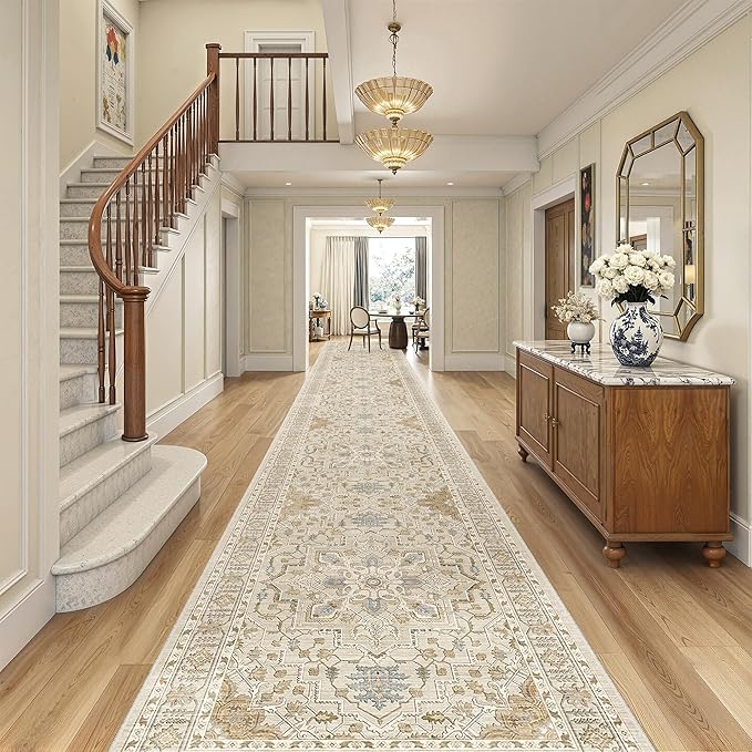 Madane Hallway Runner Rug 3x18 - Kitchen Rugs 18ft Washable Entryway Rug Vintage Kitchen Runners Non Slip Indoor Area Rug Farmhouse Carpet Runner for Bathroom Living Room Bedroom, Beige/Blue