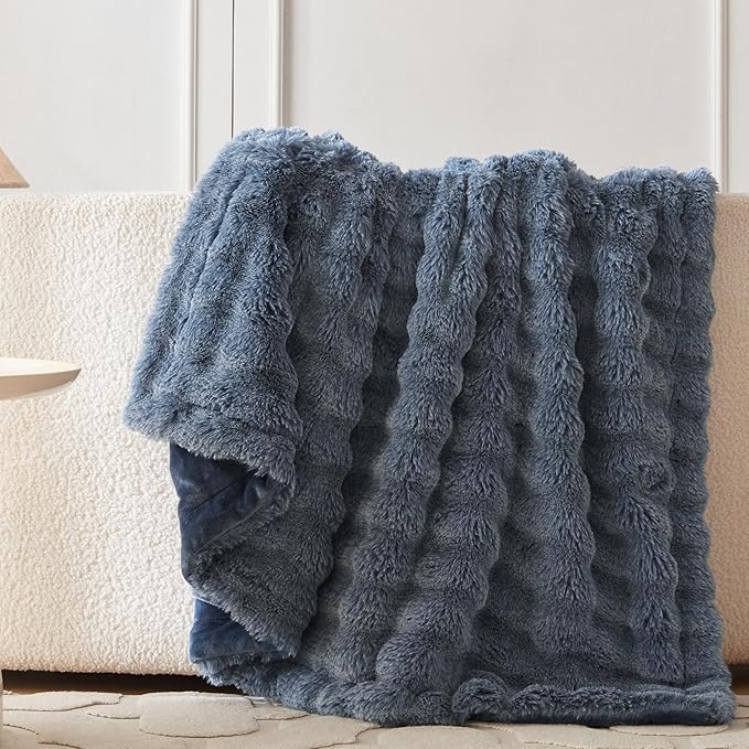 COOVA Faux Fur Throw Blanket for Couch, Cozy Soft and Fuzzy Plush Rabbit Fur Bubble Blanket for Sofa Bedroom Living Room, 60x80 Inches Cationic Dark Blue
