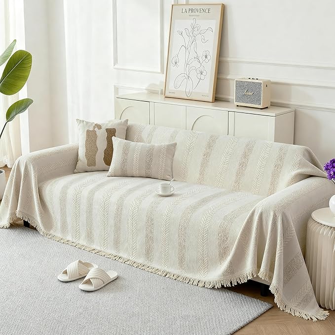 Couch Cover for Dogs, Boho Sofa Covers for 3 Cushion Couch, Chenille Sofa Slipcover for Pets Washable, L-Shape Sectional Loveseat Cover Soft Throw Blankets with Tassels(71x118,Striped Beige)