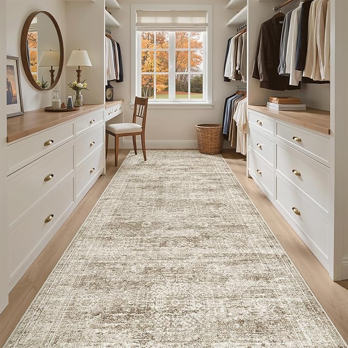 4x10 Wide Hallway Runner Rug: Washable Soft Rug Runners for Living Room Bedroom Ktichen, Stain Resistant Low Pile Area Rugs Non Slip Floor Carpet (Brown, 4x10)