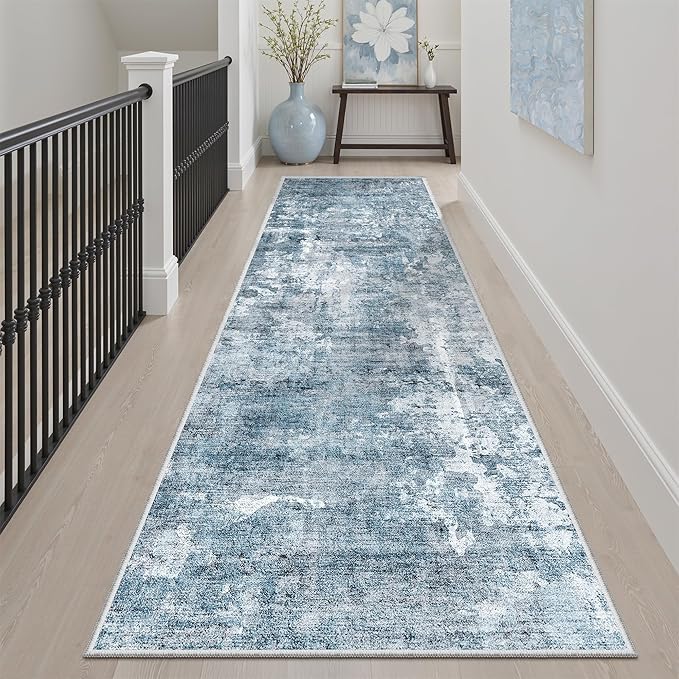 Washable Runner Rug, 2'6" x 8' Non-Slip Kitchen Vintage Foldable Hallway Runners for Entryway, Laundry, Bedroom, Blue
