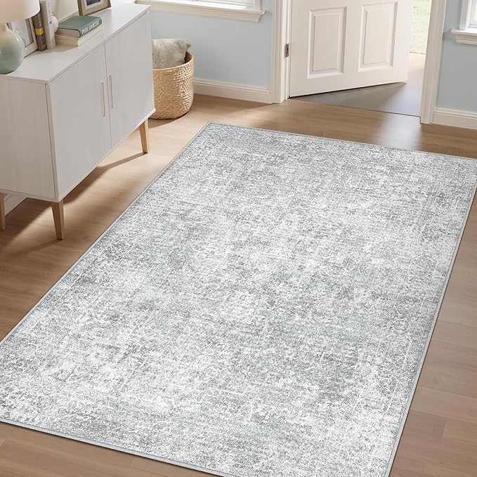 PureCozy 3x5 Area Rug Washable Vintage Entryway Living Room Carpet Indoor Office Non Slip Grey Entrance Distressed Low Pile Retro Accent Throw Rug for Dining Room Bathroom Bedroom Laundry