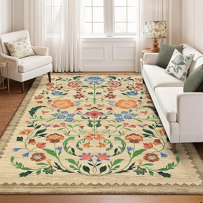 GarveeHome Washable Rug 9x12 Area Rugs for Living Room, Floral Rug for Bedroom, Soft Vintage Non Slip Throw Rugs with Rubber Back, Low Pile Stain Resistant Boho Floral Carpet for Dining Room, Beige