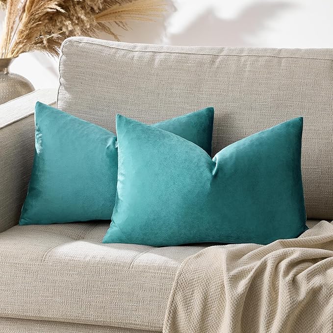 GIGIZAZA Decorative Small Lumbar Pillow Covers,Set of 2 Cushion Covers Velvet Teal Peacock Green Pillows,Sofa Throw 12 X 20 Pillow Covers