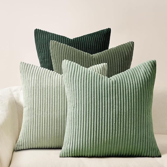 Topfinel LightGreen Boho CouchDecorative Throw Pillows Covers 18x18 Inch Set of 4,Olive Emerald Green Corduroy Soft Cushion Case,Rustic Fun Living Room Decor Green Gradient Cushion Covers(45×45cm)