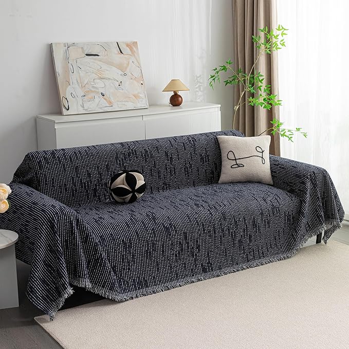 MYSKY HOME Boho Couch Cover Navy Sofa Covers with Tassel Farmhouse Sofa Slipcover Simple Couch Protector for Dogs Chenille Sectional Couch Covers L Shaped Couch Cushion Covers, 91"x 134"