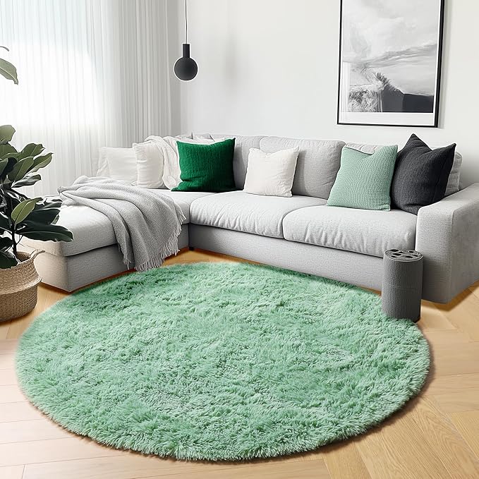 ONASAR Sage Green Round Area Rugs 5ft, Fluffy Soft Bedroom Circle Rug for Kids Girls Boys Teen Room, Cute Furry Plush Shaggy Carpet Floor Mat for Nursery Living Room Playroom Dorm Home Decor