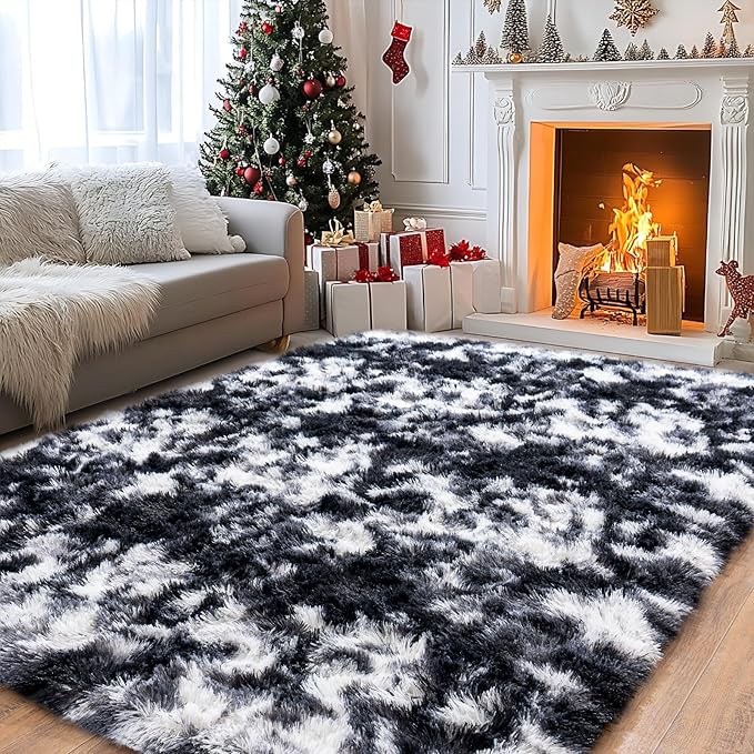 Pionblank Large Rug for Living Room 6x9 Feet, Modern Soft Shag Area Rug, Plush Fuzzy Carpet for Bedroom Girls Boys Room Home Nursery Teens Dorm Decor, Black White