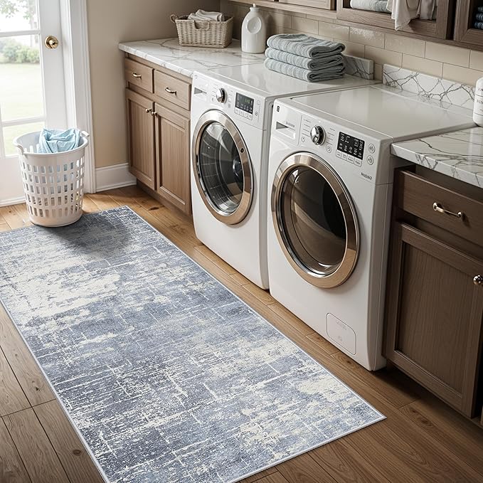 Washable 2x5 Abstract Hallway Runners: Indoor Water Resistant Kitchen Sink Rug Soft Living Room Bedroom Carpet Thin Low Pile Non Slip Floor Mat for Bathroom Entrance Laundry Room(2X5,Blue/Ivory)