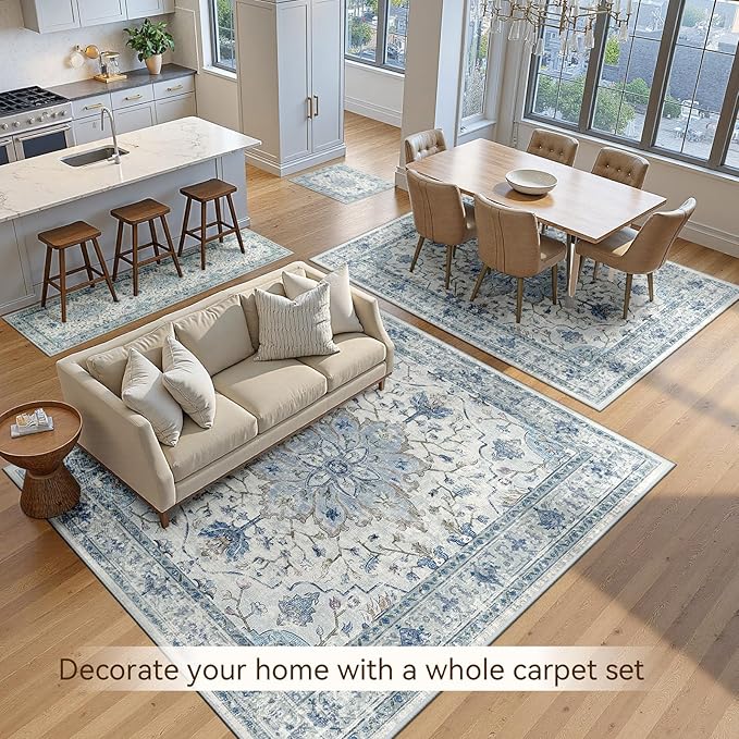 Area Rugs Square 8ft Washable Non-Slip, Floral Vintage Distress Print Pattern Medallion Carpet for Living Room Bedroom Dining Room, Light Blue Navy Beige Gray White