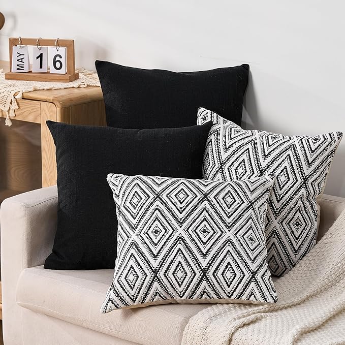 HPUK Decorative Throw Pillow Covers Set of 4 Geometric Design Linen Cushion Cover for Couch Sofa Living Room, 20"x20" inches, Black