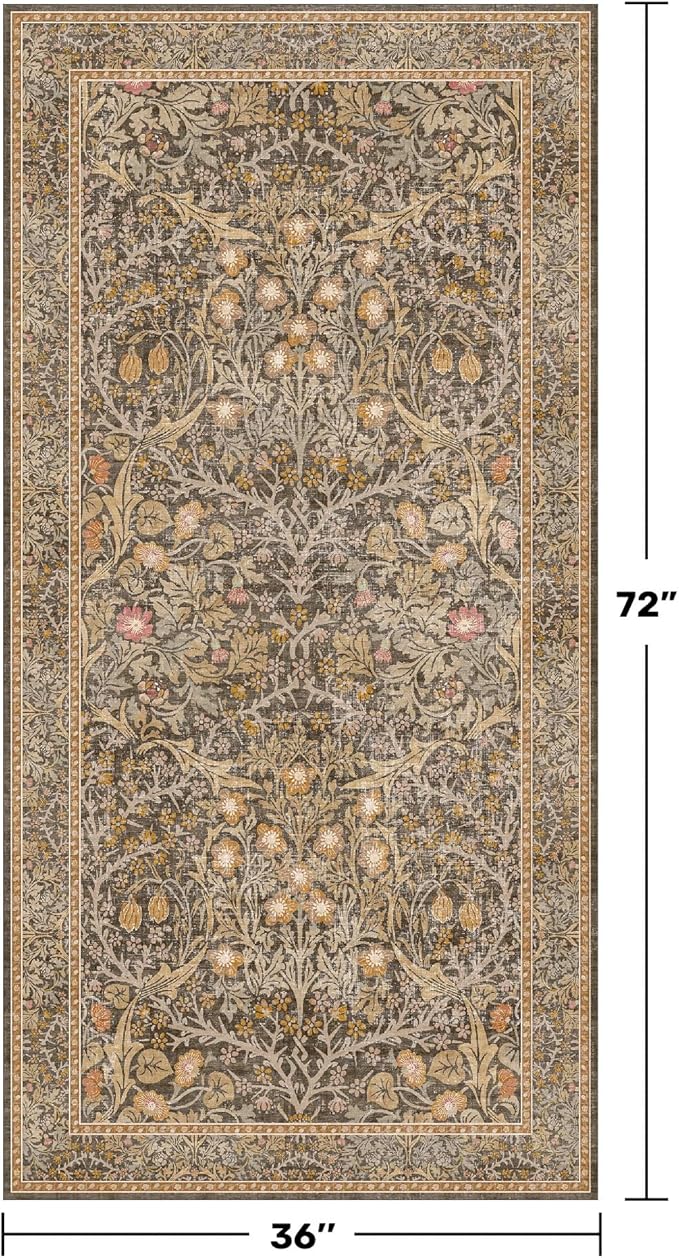 Vintage Brown 3x6 Area Rugs for Large Entryway, Bedroom Beside Rug, Kitchen, Laundry Room, Non-Slip Low Pile Ultra Soft Stain Resistant Small Floral Carpet