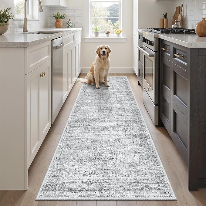 Runner Rug 2'x6' Washable Non-Slip Runner Rugs for Kitchen Bathroom Laundry Room Grey Vintage Floor Carpet Runners for Hallway Entryway