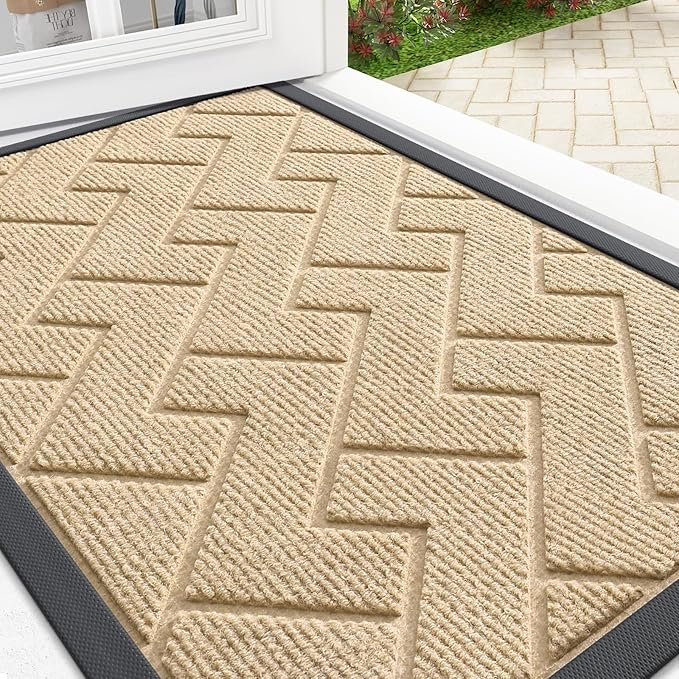 OLANLY Front Door Mat Indoor Outdoor Entrance, Waterproof All-Season, All-Weather Doormat, Sturdy Natural Rubber, Low Profile, Easy Clean Patio Porch Entryway Mat, Herringbone Brick (Beige, 36x24)