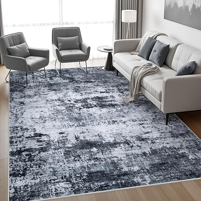 8x10 Area Rug Living Room Rug: Washable Modern Abstract Soft Thin Rug Indoor Floor No Slip Stain Resistant Carpet for Bedroom Dining Room Farmhouse Nursery Home Office - Black
