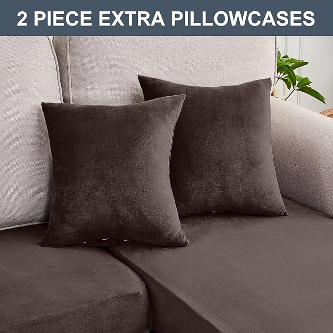 Couch Cover 8-Piece Elastic Velvet Couch Cushion Covers & Chaise Slipcovers for L-Shaped Sofas - Sofa Seat Covers Washable, Soft Protector for Couches (7 Seater + Chaise, Coffee)