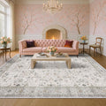 Hazo Haus Boho Light Grey Living Room Rug 9x12 - Modern Vintage Eclectic Floral Pastel Neutral Taupe, Washable Low Pile Non-Slip Extra Large Area Rugs for Dining Under Table Bedroom