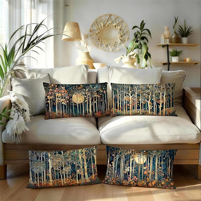 Rustic William Morris Inspired Forest Moon Decor Pillow Covers 12x20 Set of 4,Vintage Botanical Nature Landscape Decorative Throw Pillow Covers for Home Bedroom Living Room,Fall Home Room Decor