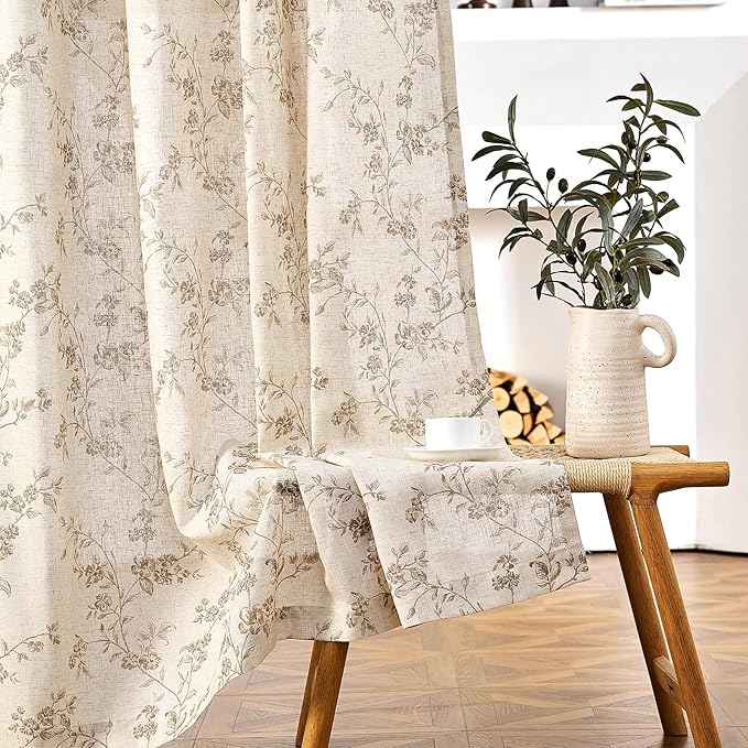 Lazzzy 90 Inch Curtain for Living Room Taupe Floral Drapes Linen for Bedroom Dining Room Farmhouse Vintage Light Filtering Curtains Rod Pocket Back Tab, 2 Panels Set, Taupe on Beige