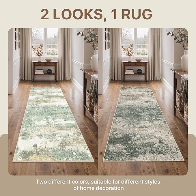 BEIMO Reversible 2'6"x6' Runner Rugs for Hallway, Modern Abstract Dual-Sided Runners for Entryway, Machine Washable Soft Low Pile Kitchen Runner, Includes Non-Slip Rug Pad, Green & Grey