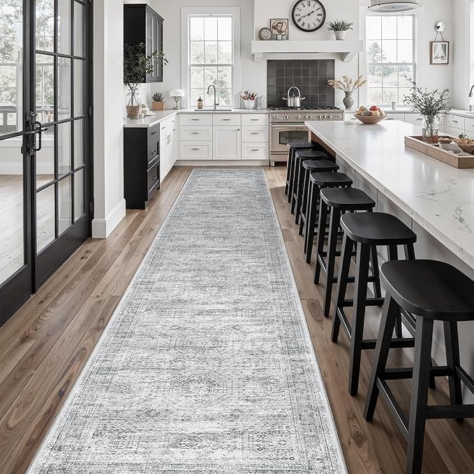 Runner Rug 2'6" x 14' Washable Non-Slip Runner Rugs for Kitchen Bathroom Laundry Room Vintage Ultra Thin Runners for Hallway Entryway Grey
