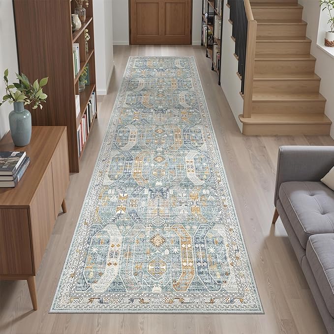 Madane Runner Rug 2x8, Washable Hallway Runner Rugs, Non-Slip Low-Pile Soft Kitchen Rug Runner Laundry Room Rug, Vintage Throw Entry Foyer Mat for Entrance Living Room (Blue/Gold, 2 x 8)
