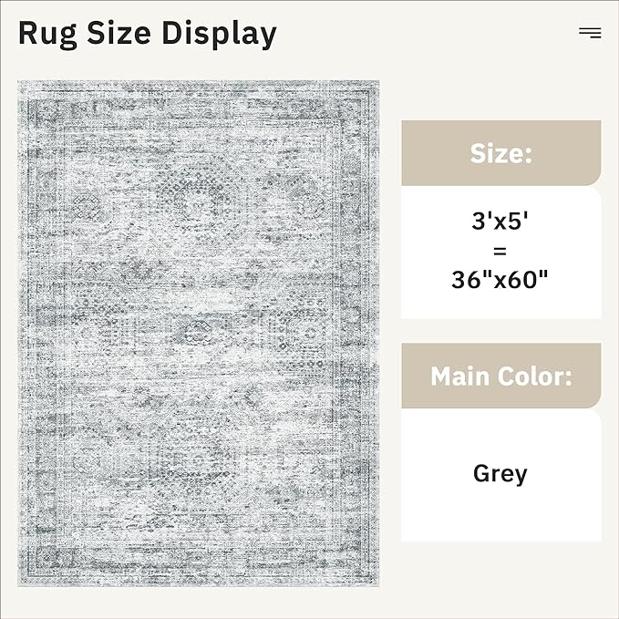 Soalmost 3x5 Rug, Small Area for Kitchen, Entryway, Machine Washable Non-Slip Throw Rug, Vintage Carpet for Nursery Coffee Table Grey