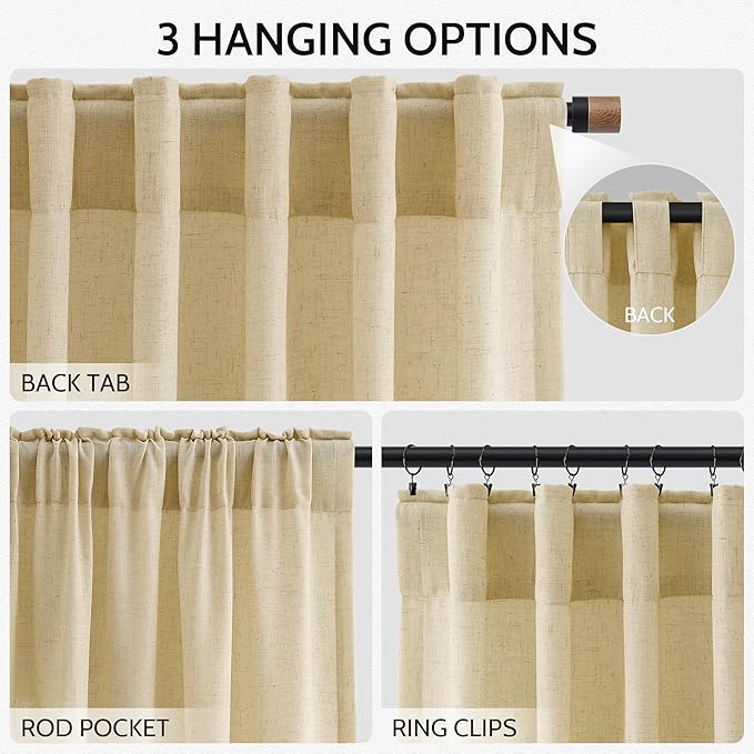 Nanspring Cream Yellow Curtains 120 Inches Long for Living Room Linen Modern Farmhouse Sheer Curtains Back Tab and Rod Pocket Extra Long Floor to Ceiling Curtain for Bedroom Office 52x120, 2 Panels