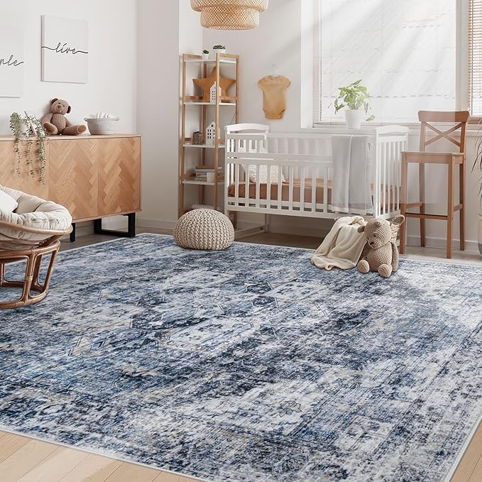 Area Rug 6x9 Washable Rug, Vintage Boho Medallion Rugs Non-Slip Soft Low Pile Large Distressed Rug Indoor Retro Carpet for Living Room Bedroom Dining Room Home Office (Blue, 6'x9')