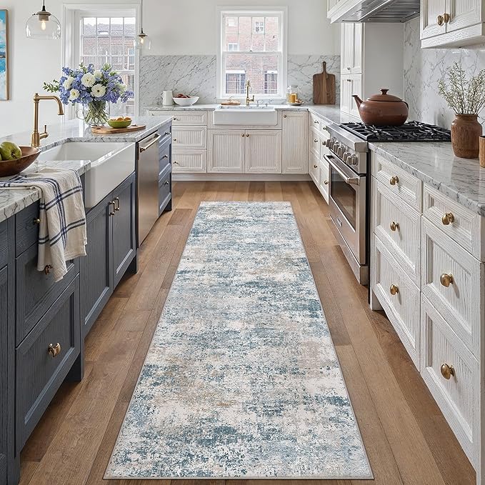 Blue 2x8 Runner Rug Washablel Abstract Hallway Carpet Modern Neutral Non Slip Soft Carpet Low Pile Contemporary Aesthetic Long Rug for Bathroom Laundry Kitchen Bedroom